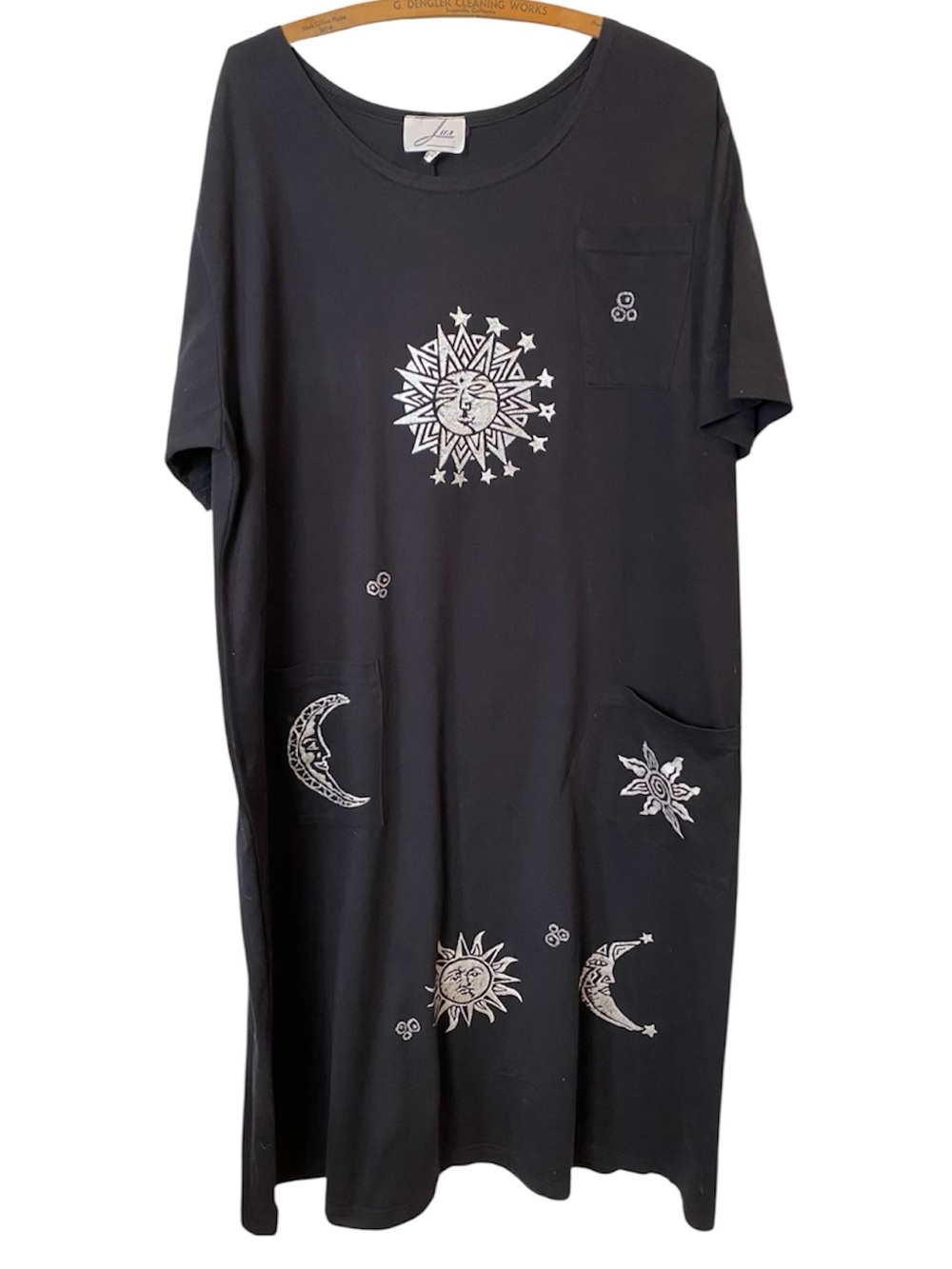 Vintage 1990s Lira Maxi Dress Mumu Black Silver Celestial Moon Sun Design